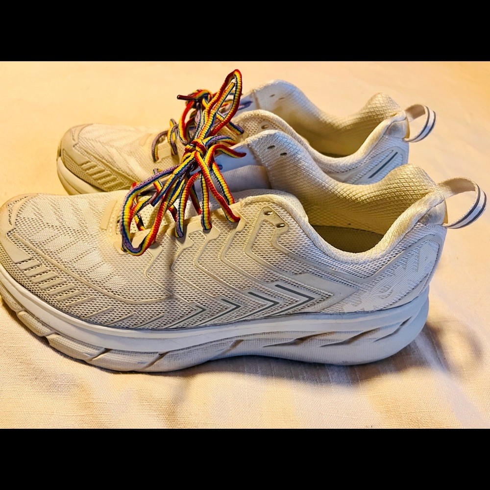 HOKA x OV White Clifton Shoes with Rainbow Laces